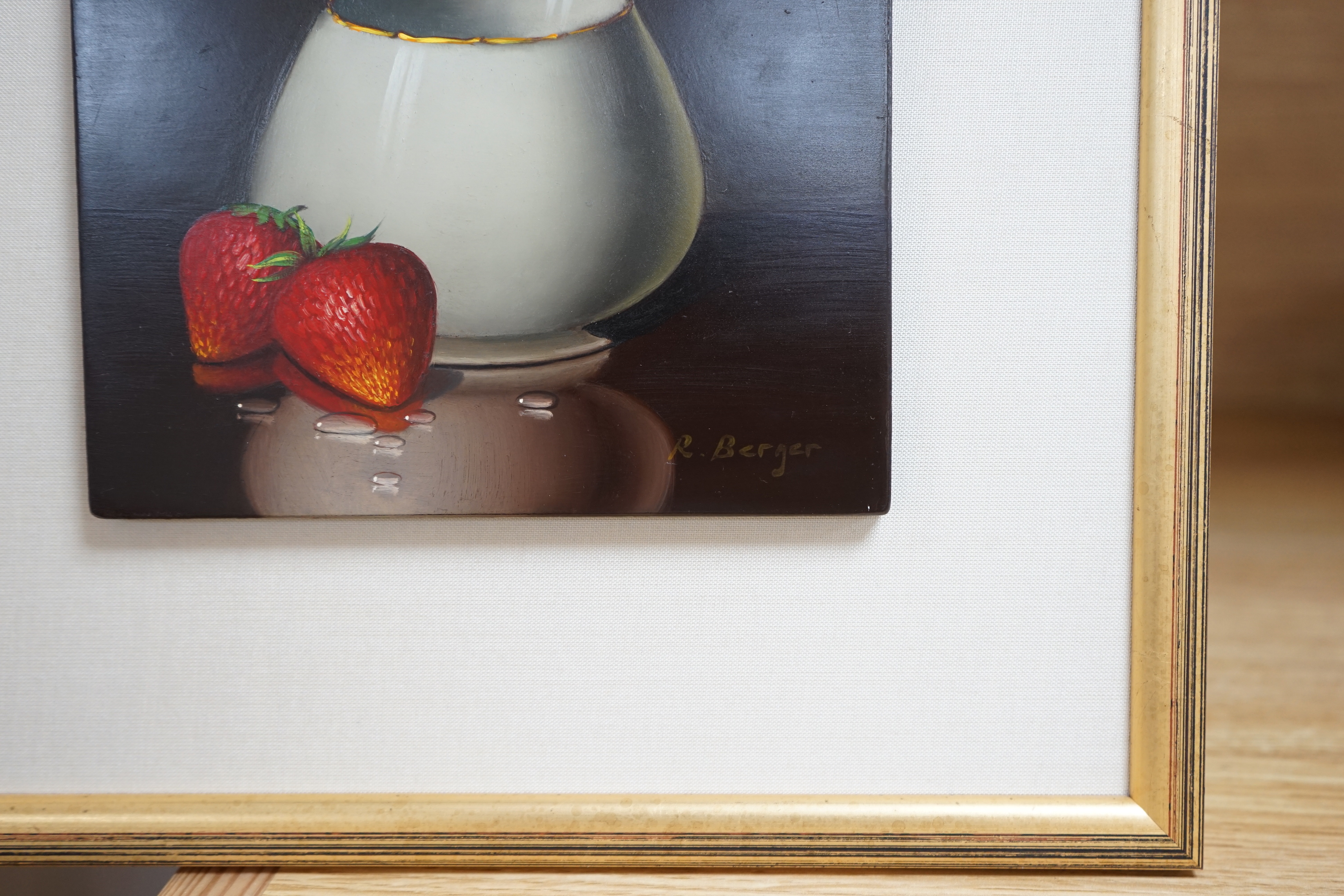 Ronald Berger (Austrian, b.1943), oil on board, Still life of strawberries before a vessel, signed, 12 x 15cm